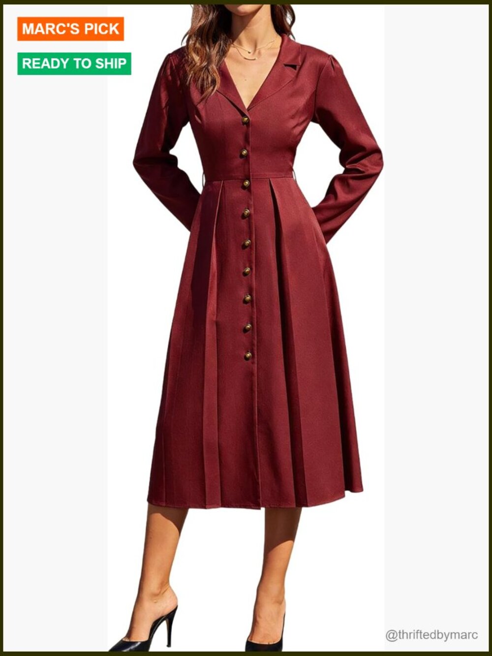Long Sleeve V-Neck Button Down Shirt Dress Midi A-Line Wedding Guest